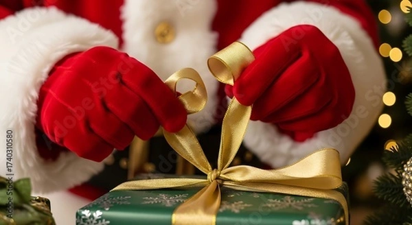 Fototapeta Santa's hands tying a golden ribbon on a green christmas present close up shot
