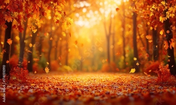 Fototapeta A vibrant forest path glows with warm autumn hues, falling leaves drift down toward the viewer
