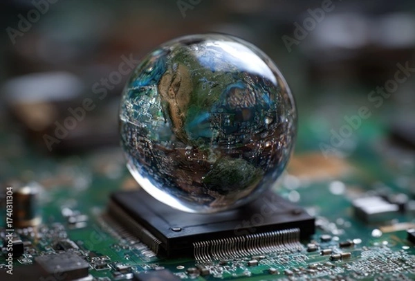 Fototapeta A glass sphere reflecting Earth sits atop a circuit board, blurring a macro view of both