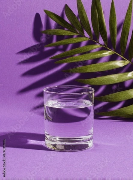 Fototapeta A glass of water, palm leaf, and its shadow on a purple background