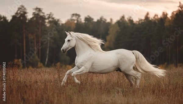 Fototapeta A pristine white horse gallops freely across a field with autumn hues and a forest backdrop