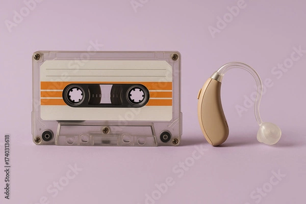 Obraz A cassette tape with orange stripes and a hearing aid on a light purple background in a studio shot