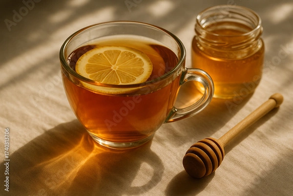 Obraz A glass cup of tea with lemon slice next to honey jar and dipper on a white textured surface