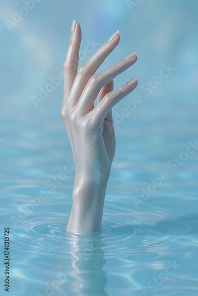 Obraz A pale hand emerges from the blue water with fingers extended upwards in a serene and ethereal scene