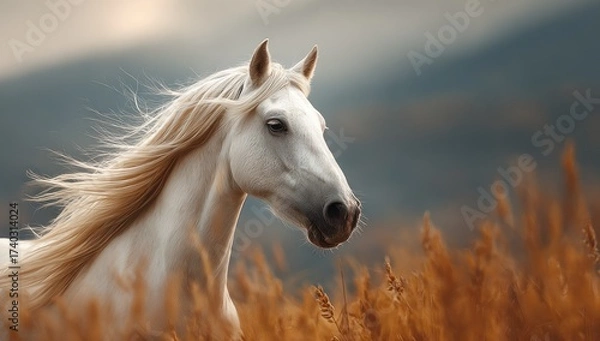 Fototapeta A majestic white horse with flowing mane against a blurred mountain and field backdrop