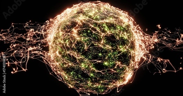 Fototapeta Glowing sphere of light and energy, complex web structure extending into darkness