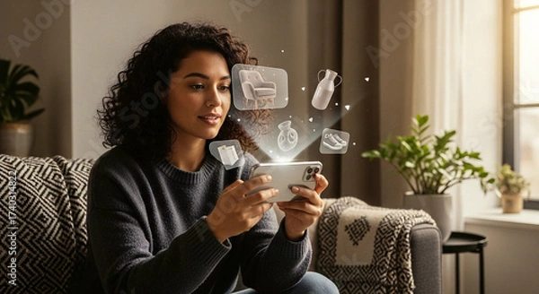 Fototapeta Young woman interacting with 3D virtual home goods via smartphone showcasing immersive AR shopping experience and evolution of digital e commerce