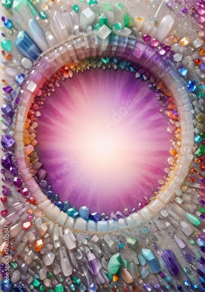 Fototapeta Frame of vibrant uncut crystals and polished gems on a sparkling misty surface