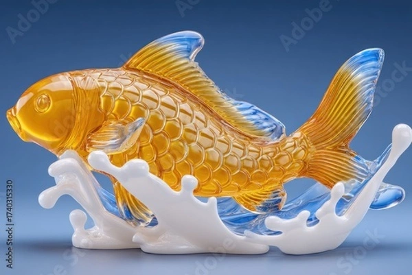 Fototapeta Ornate, gold-hued fish sculpture leaping over water, blue background. Details evident in its form