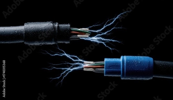 Fototapeta Severed cables sparking, electricity arcing between exposed wires against black