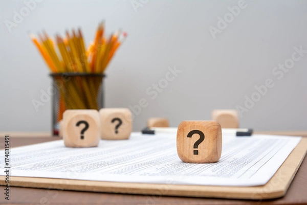 Fototapeta wooden cubes with question marks on financial report, symbol of doubt or uncertainty