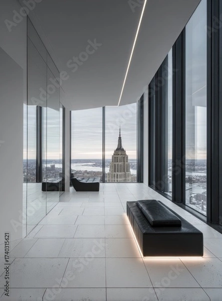 Fototapeta Modern minimalist interior with panoramic city views, featuring sleek furniture and large windows