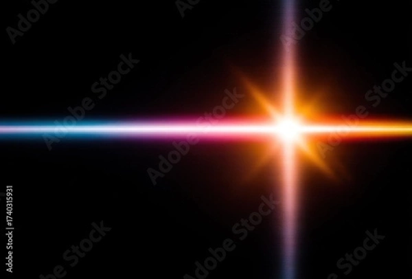 Fototapeta Bright, intersecting light beams with colorful gradient against a black background