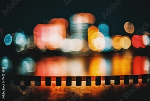 Fototapeta Abstracted night cityscape with blurred lights and filmstrip foreground