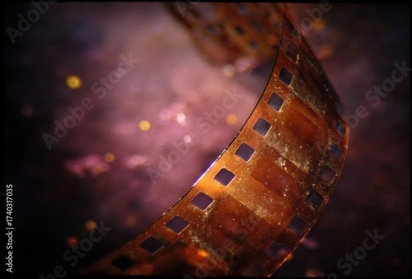 Fototapeta A curled strip of aged film, golden-brown hue, with a soft bokeh effect in the background