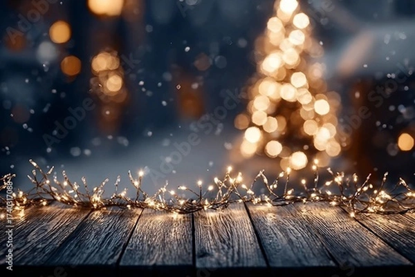 Fototapeta Christmas - Defocused String Light On Rustic Wooden Table In The Night With Abstract Tree And Blurred Background
