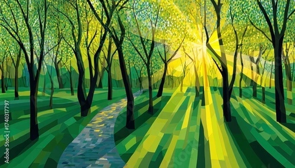 Fototapeta A stylized illustration of a sunlit forest path with vibrant greens and a bright sky