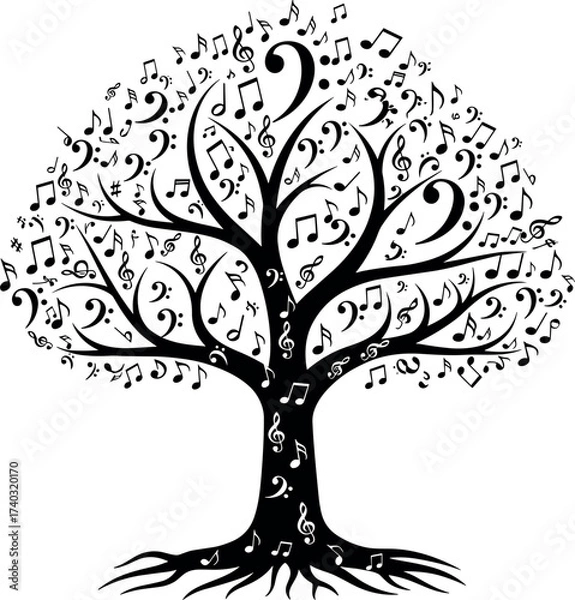 Obraz Musical tree with notes and clefs, abstract nature art combining music symbols, creative vector for education, decor, and design themes
