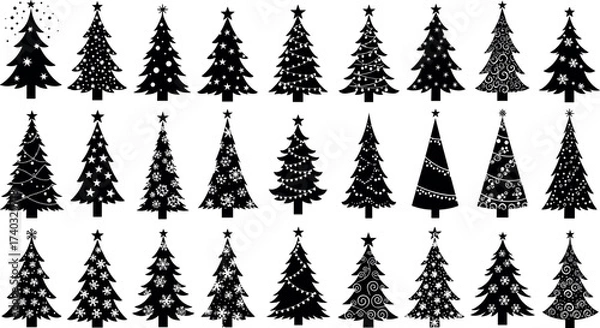 Obraz Set of 25 unique black Christmas tree silhouettes with festive decorations, ornaments, stars, and abstract holiday design elements