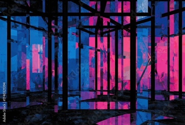 Fototapeta Abstract space featuring a black framework and colorful translucent panels reflecting light