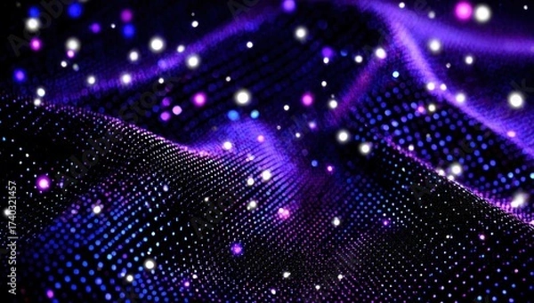 Fototapeta Abstract digital landscape with purple, blue, and white shimmering dots. Focus blur, smooth waves