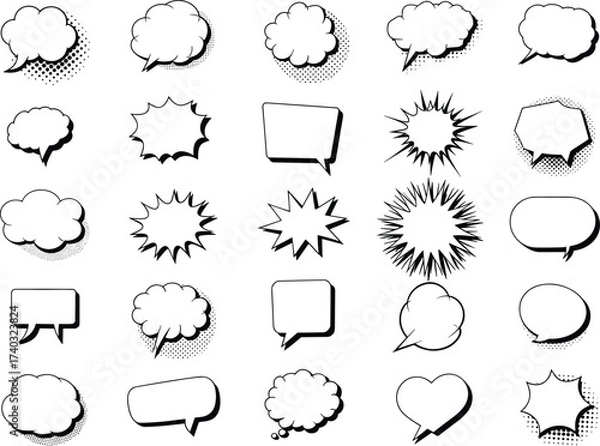 Fototapeta Set of comic speech bubbles, retro cartoon text balloons, empty dialogue clouds, pop art callouts, vintage message frames, conversation symbols for design illustration