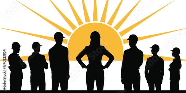 Fototapeta Silhouette of construction engineers and workers standing confidently with rising sun background, symbolizing leadership, teamwork, growth, hope, bright future, success, and engineering industry