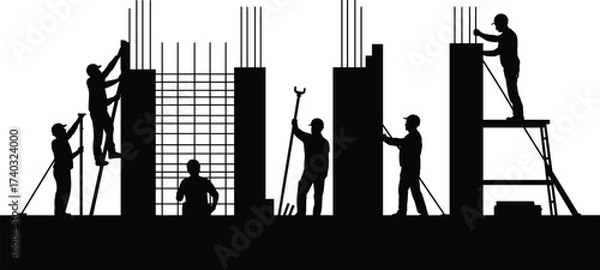Fototapeta Silhouette of construction workers building reinforced concrete structure with steel rebar and scaffolding, symbolizing teamwork, structural engineering