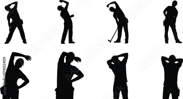 Fototapeta Silhouette of construction workers stretching and warming up before work representing occupational safety, injury prevention, workplace health, ergonomics