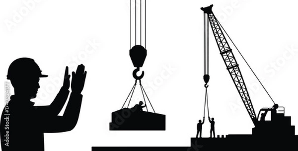 Fototapeta Silhouette of construction workers guiding crane lifting operation with supervisor signaling safety instructions representing teamwork, civil engineering, construction site