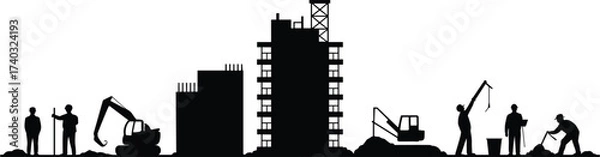Fototapeta Silhouette of construction site with workers, engineers, cranes, excavators, and buildings under development representing civil engineering, real estate, architecture