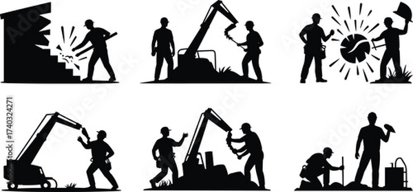 Fototapeta Silhouettes of construction workers using heavy machinery, breaking walls, demolition work, underground utility installation, industrial repair, teamwork, building renovation