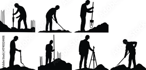 Fototapeta Silhouettes of construction workers with tools digging, drilling, shoveling, and surveying at building site, teamwork, manual labor force, engineering foundation