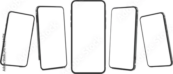 Fototapeta Blank smartphone mockup collection, modern mobile phone screens in angled perspective view, empty digital device templates for app design, UI mockups, and branding