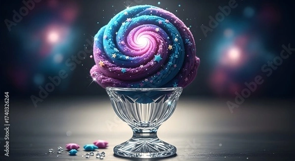 Fototapeta Cosmic Swirl Cupcake in a Crystal Dish with Galaxy Sparkles and Soft Bokeh Background
