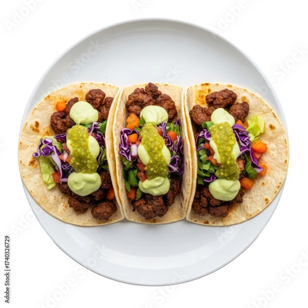 Fototapeta Three Fully Loaded Tacos on a White Plate with Transparent Background Overhead View