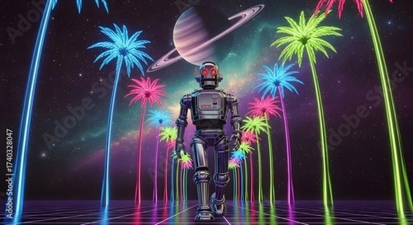 Fototapeta Retro-Futuristic Scene with a Cyborg on a Cosmic Journey Among Glowing Neon Palms