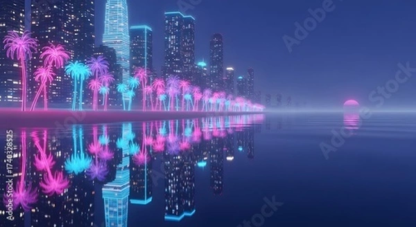 Fototapeta Vibrant neon-lit cityscape reflected on tranquil water at dusk, evoking a retro-futuristic synthwave aesthetic with glowing palm trees and towering skyscrapers