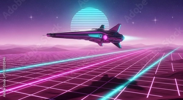 Fototapeta Sleek futuristic spacecraft cruising over a vibrant neon grid in a retro 80s inspired virtual reality landscape with a digital sun