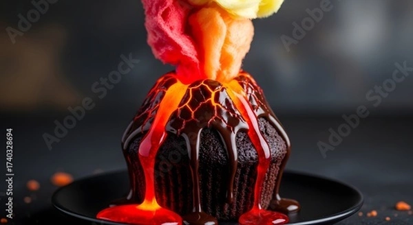 Fototapeta Gourmet chocolate lava cake designed as an erupting volcano with glowing magma sauce and a plume of colorful ice cream scoops