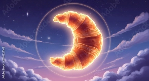 Fototapeta Whimsical illustration of a glowing croissant in the night sky, resembling a crescent moon