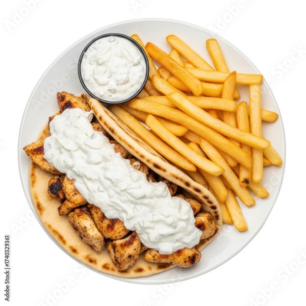 Fototapeta Overhead View Of A Greek Gyro Sandwich On White Plate With Fries And Sauce On Transparent Background