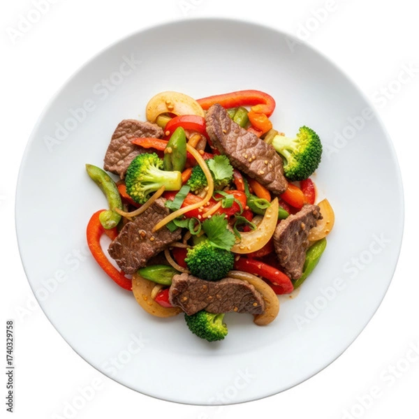 Fototapeta Colorful Stir Fry Dish with Beef Broccoli Red Peppers and Onions on White Plate Top View