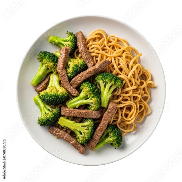 Fototapeta Overhead View of a Plate with Beef Broccoli and Noodles on a White Plate with Transparent Background