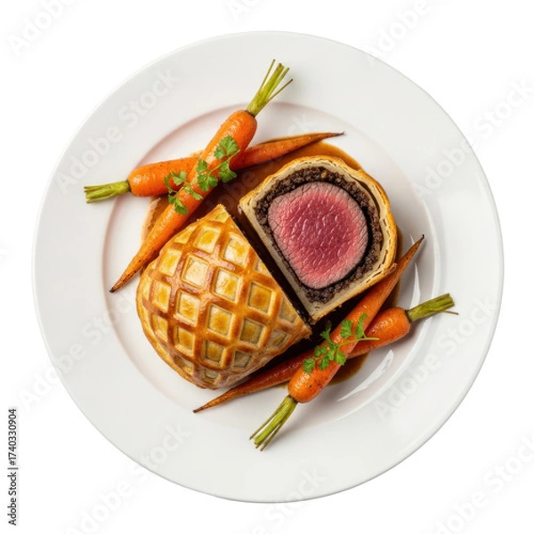 Fototapeta Overhead Shot of Beef Wellington Served with Roasted Carrots and Sauce on White Plate