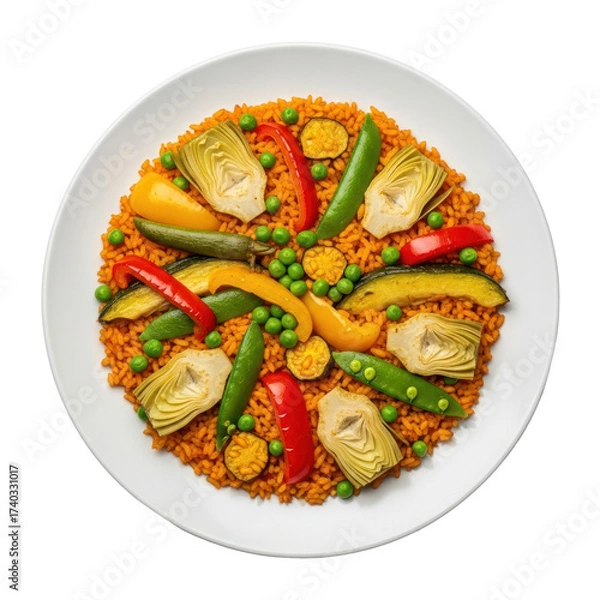 Fototapeta Overhead View of Paella with Assorted Cooked Vegetables and Rice on a White Plate