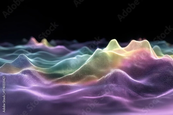 Obraz Abstract landscape with colorful wavy patterns resembling mountain peaks. The gradient of colors includes purple, blue, pink, and yellow, creating a vibrant, surreal digital terrain