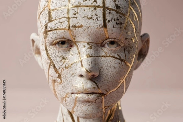 Obraz A sculpture of a human face with cracked surface features gold fills in the cracks, embodying a blend of fragility and resilience. The expression is neutral with a contemplative gaze