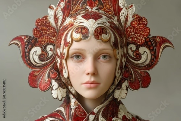 Obraz Intricate headpiece with red, white patterns frames a serene woman's face, embodying elegance and art. The detailed design evokes a sense of cultural richness and ornate beauty