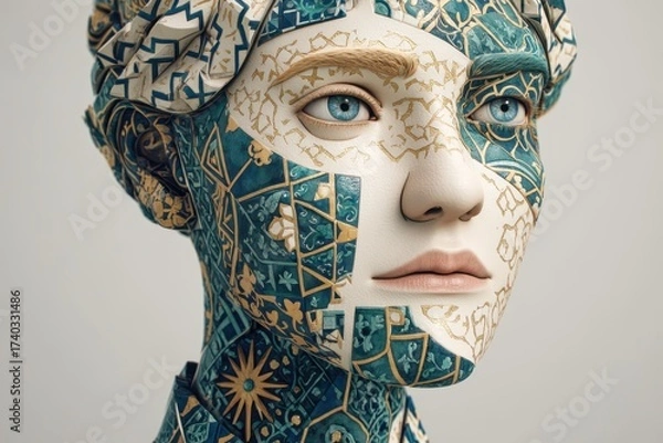 Obraz A ceramic-like human face with detailed blue and tan patterns resembling traditional tiles. The intricate design covers both face and head, creating an artistic and surreal appearance